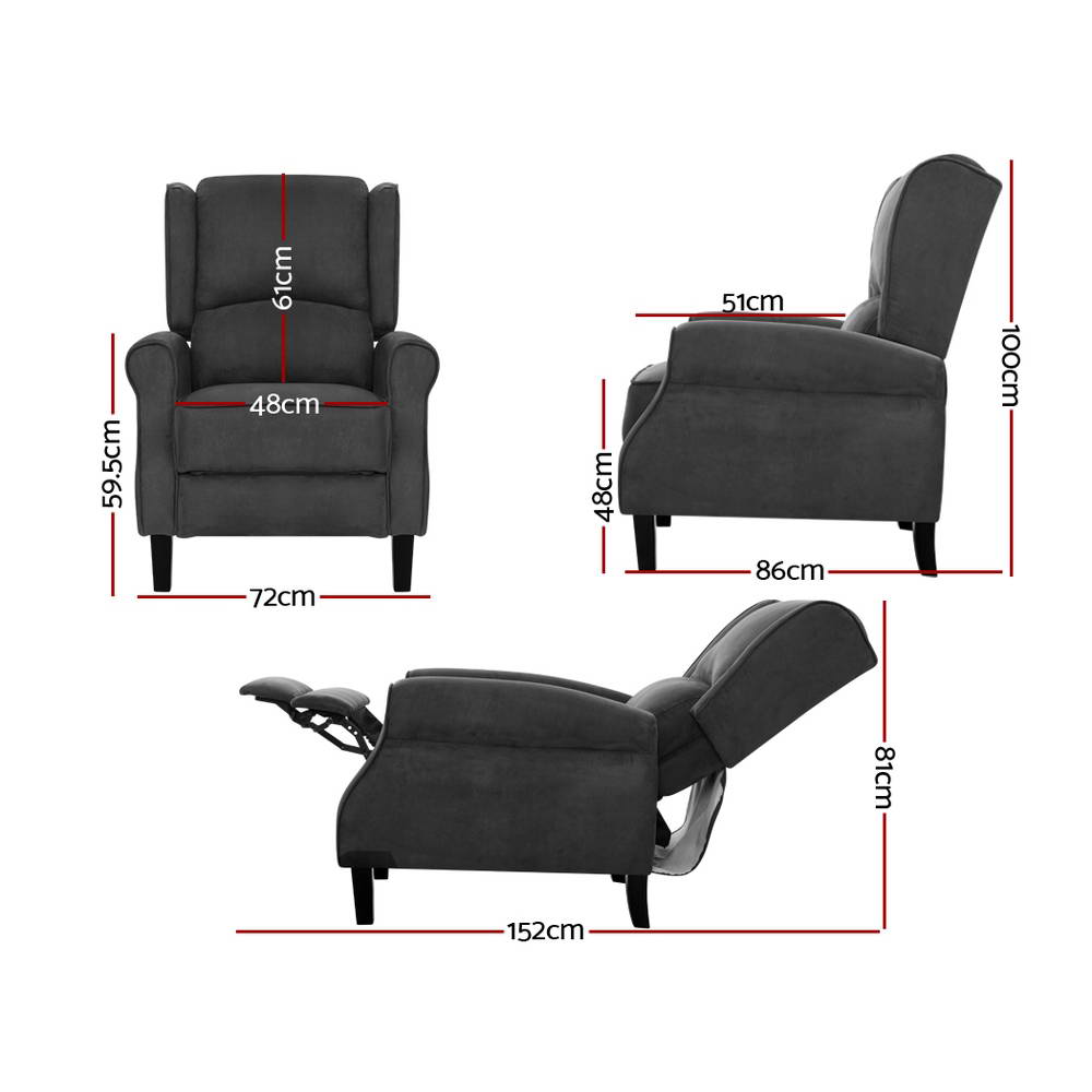 Artiss Recliner Chair Adjustable Suede - Charcoal