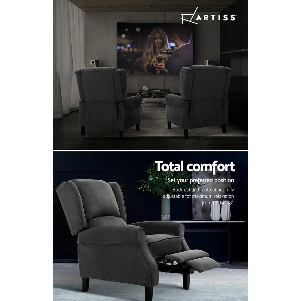 Artiss Recliner Chair Adjustable Suede - Charcoal