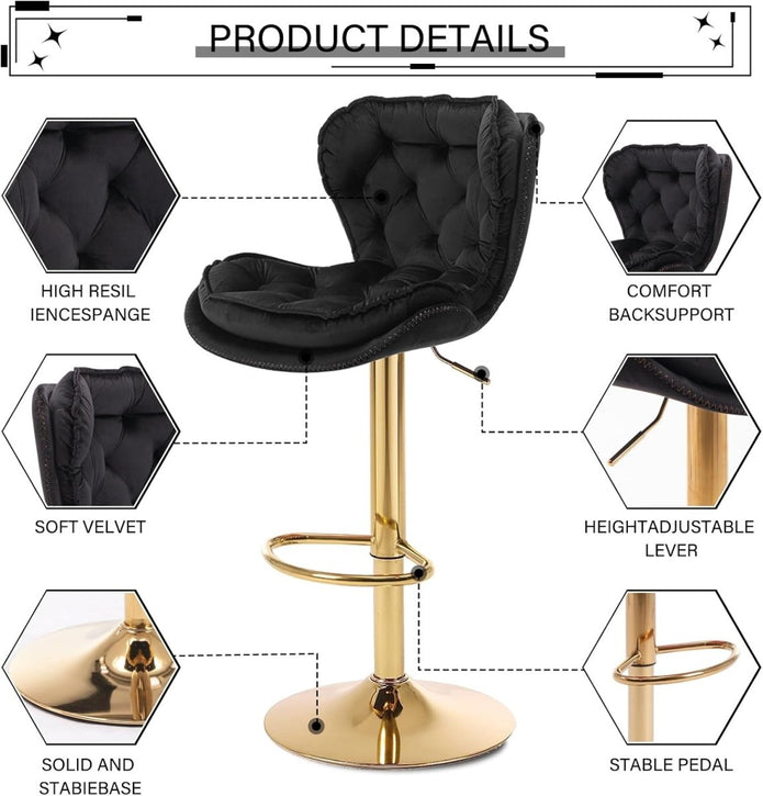 SERENITà Swivel Bar Stools Set of 2 Counter Height Barstools with Back Velvet Upholstered Adjustable Stool Chair Mid Century Modern Bar Stool for Kitchen Island (Black)
