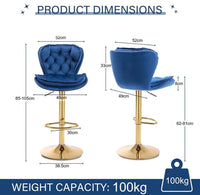 SERENITà Swivel Bar Stools Set of 2 Counter Height Barstools with Back Velvet Upholstered Adjustable Stool Chair Mid Century Modern Bar Stool for Kitchen Island (Navy Blue)