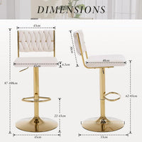 SERENITà  2x Velvet Bar Stools with Braided Back Elegant Kitchen High Chairs, Kitchen Island Stools Adjustable Height Swivel Bar Chairs with Gold Legs for Home-White