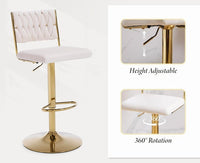 SERENITà  2x Velvet Bar Stools with Braided Back Elegant Kitchen High Chairs, Kitchen Island Stools Adjustable Height Swivel Bar Chairs with Gold Legs for Home-White