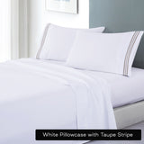 Soft Microfibre Embroidered Stripe Sheet Set - Single (White with Taupe Stripe)