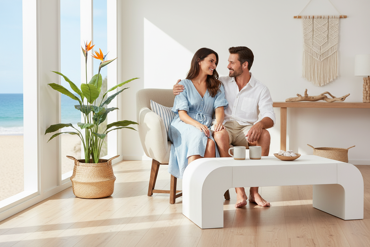 Coastal summer hero with couple and your furniture