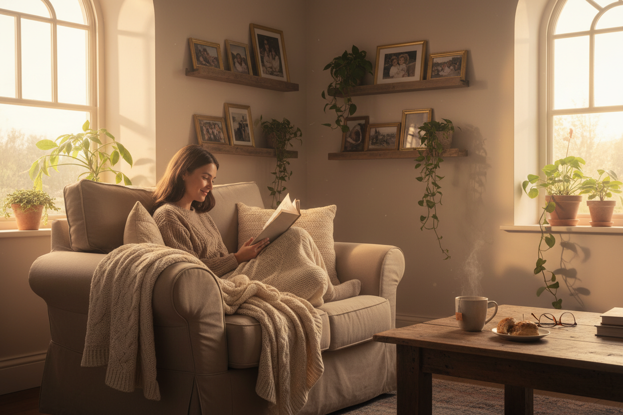 Cozy living room with person relaxing