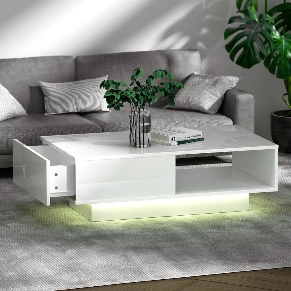 Artiss Coffee Table LED Lights High Gloss Storage Drawer Modern Furniture White