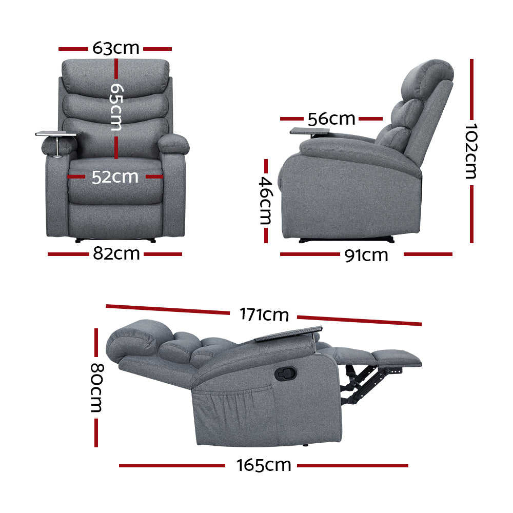 Lounge HQ Recliner Chair Lounge Sofa Armchair Chairs Couch Fabric Grey Tray Table