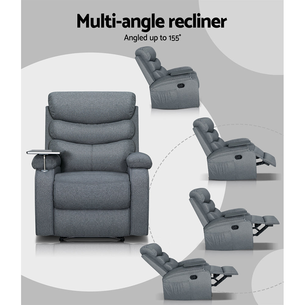 Lounge HQ Recliner Chair Lounge Sofa Armchair Chairs Couch Fabric Grey Tray Table