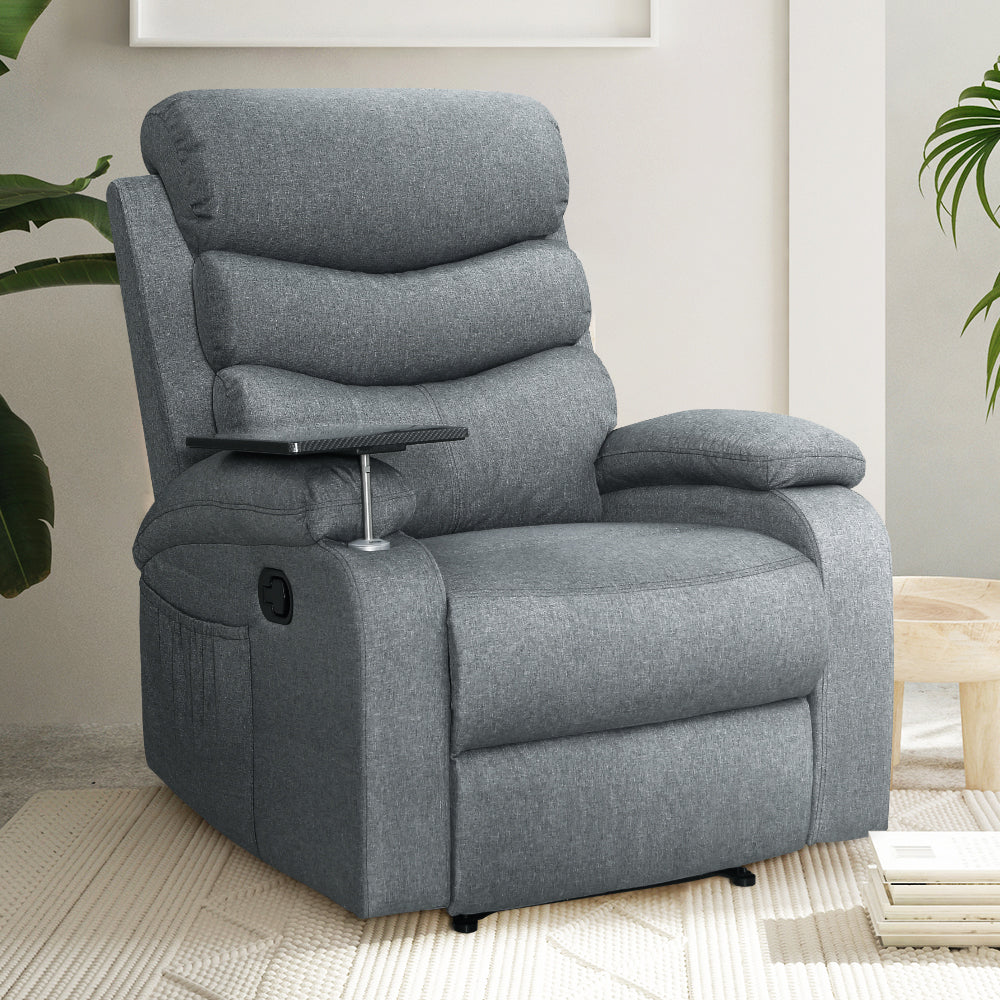 Lounge HQ Recliner Chair Lounge Sofa Armchair Chairs Couch Fabric Grey Tray Table