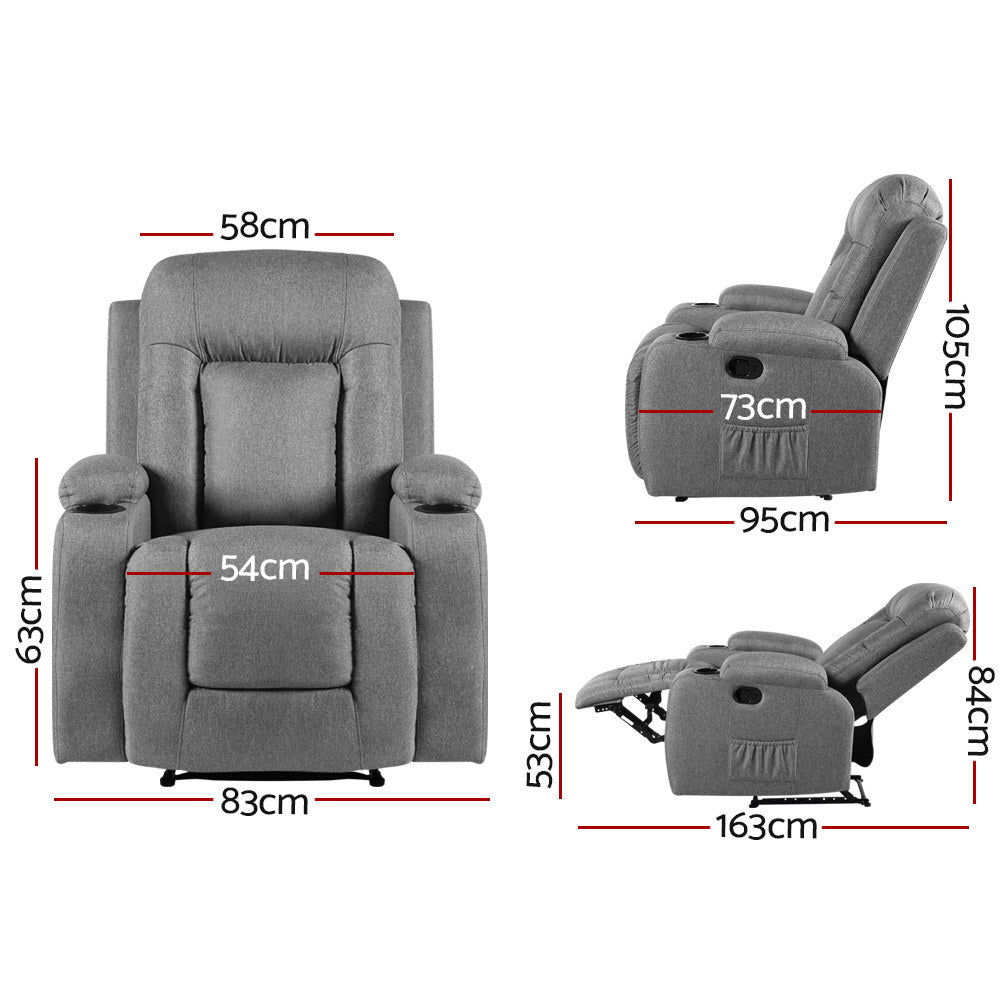 Artiss Recliner Chair Electric Massage Fabric Heated Grey