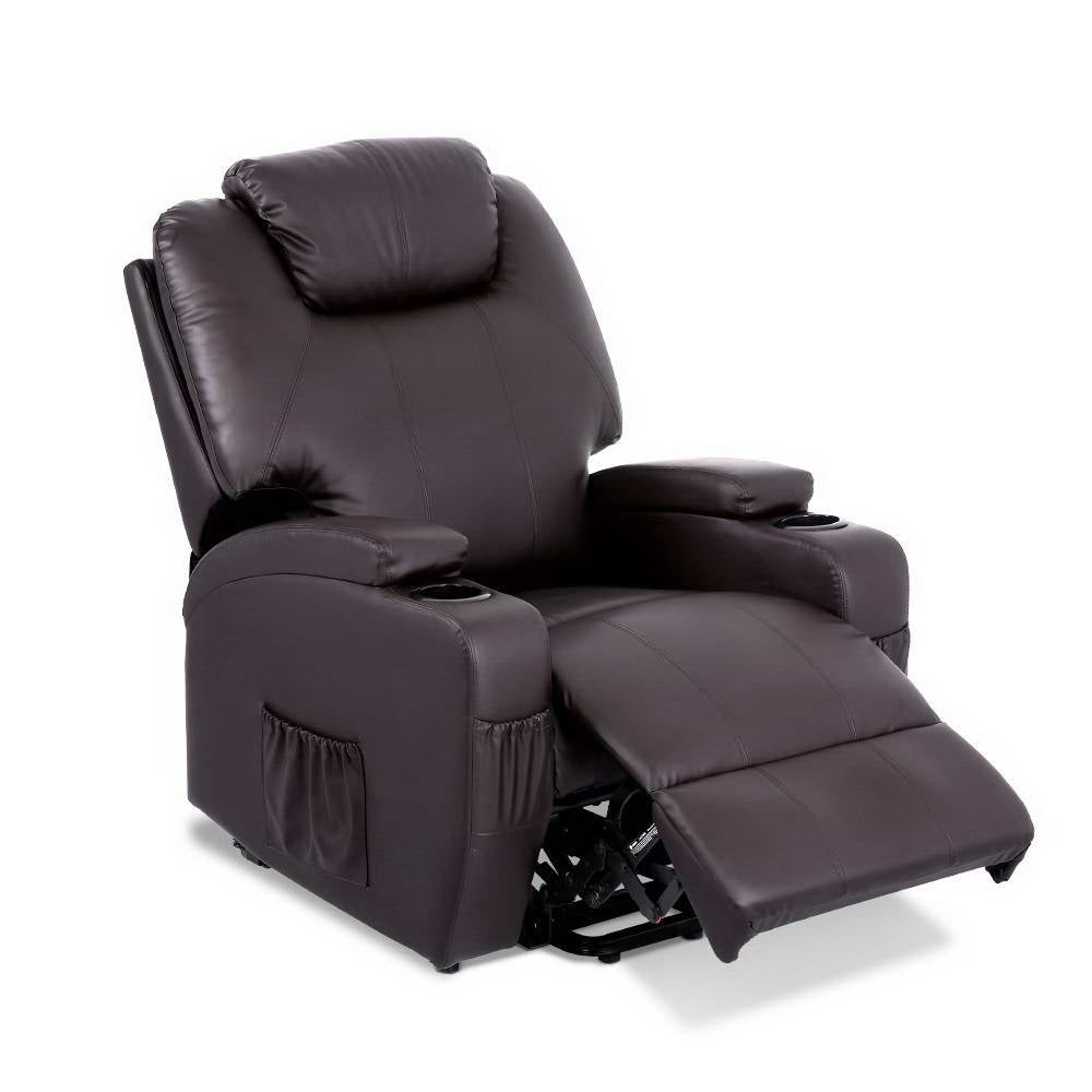 Lounge HQ Electric Recliner Lift Massage Armchair Heating PU Leather Brown