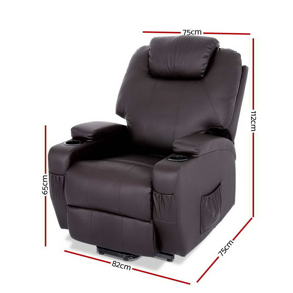 Lounge HQ Electric Recliner Lift Massage Armchair Heating PU Leather Brown