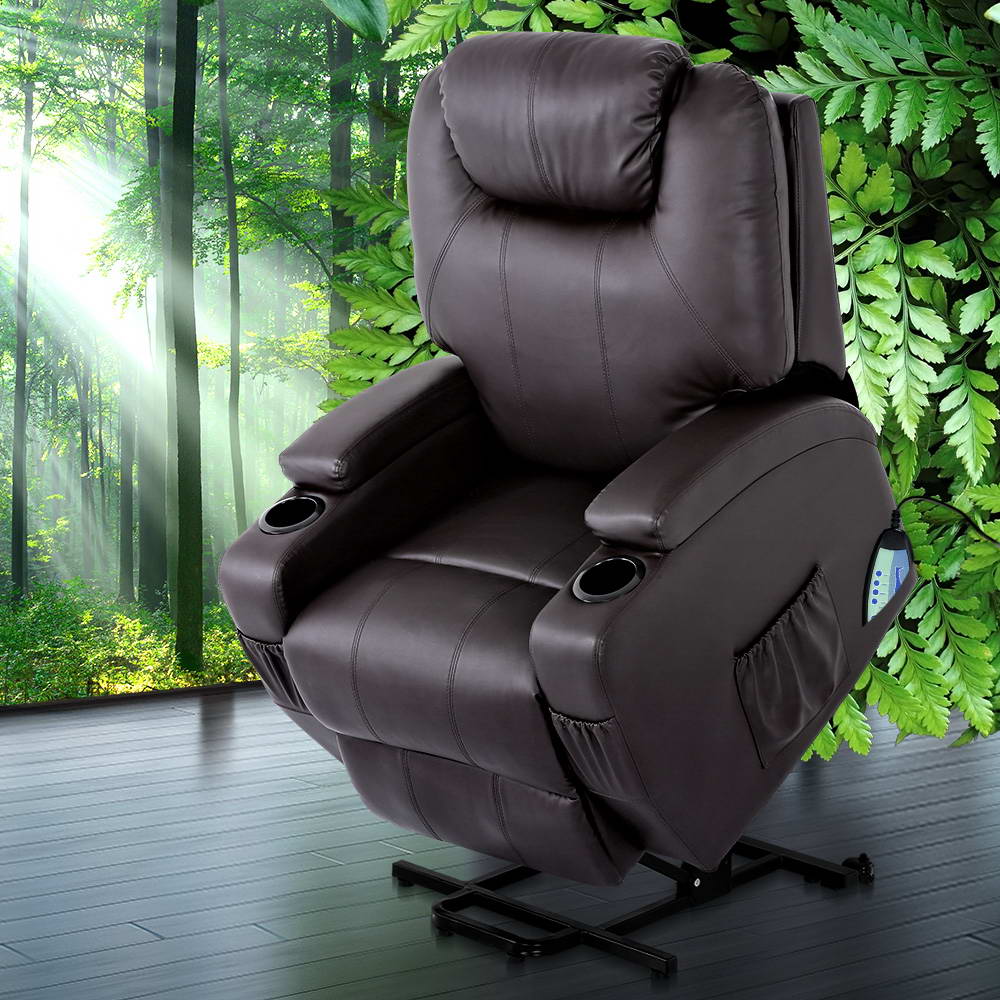 Lounge HQ Electric Recliner Lift Massage Armchair Heating PU Leather Brown