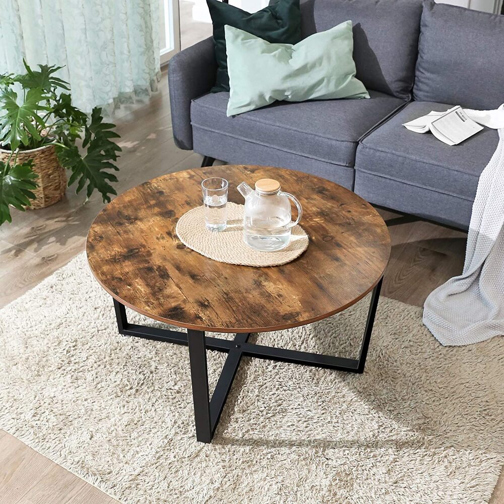 VASAGLE Round Coffee Table Rustic Brown and Black LCT88X