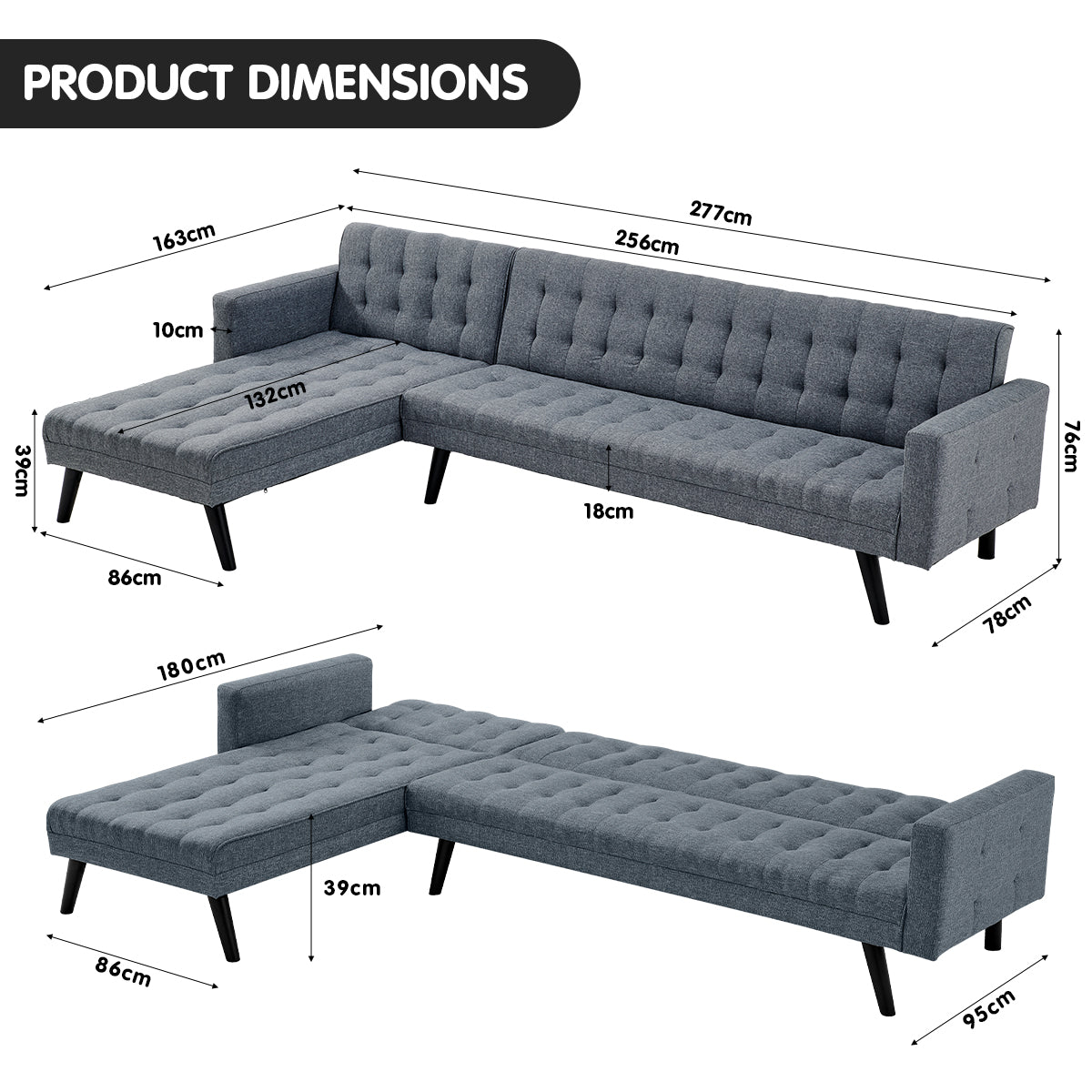 Sarantino 3-Seater Corner Wooden Sofa Bed Lounge Chaise Sofa  Grey